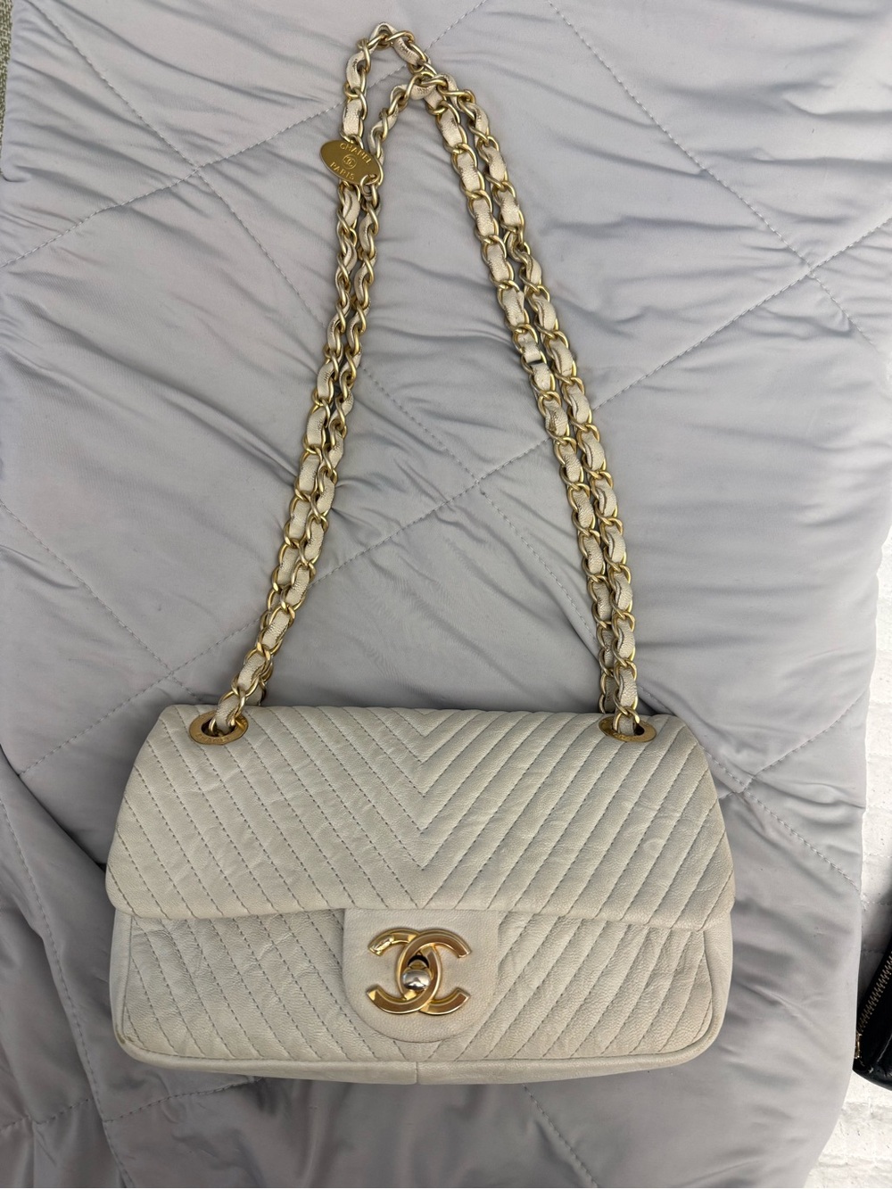 Chanel Quilted Chevron Flap Shoulder Bag in Light Beige